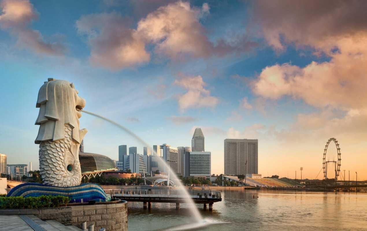 The Merlion, the symbol of the city of Singapore, at sunrise.