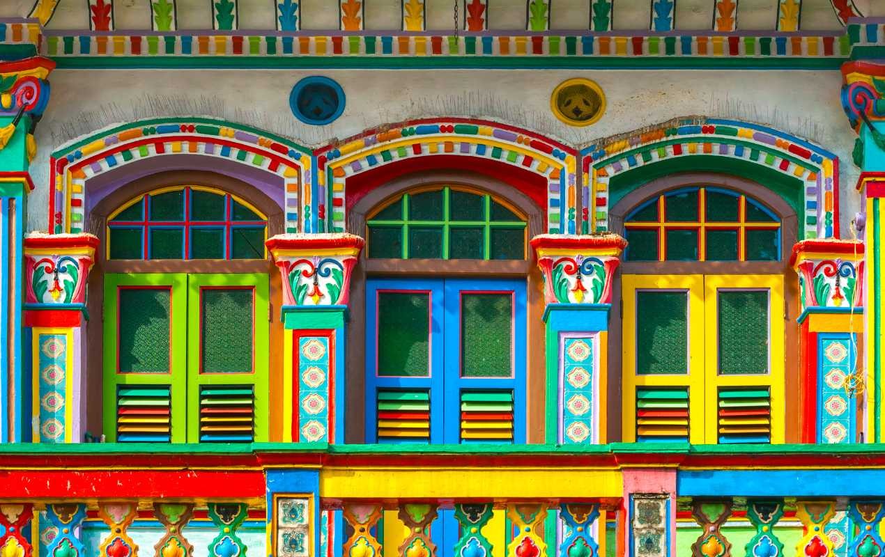 The vibrant facade of a building in Little India, Singapore.