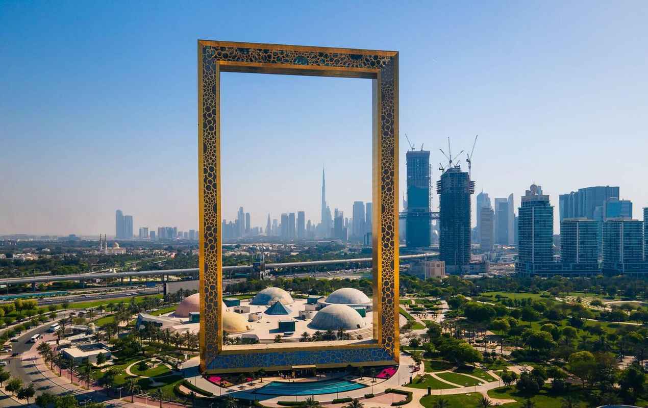 Dubai skyline aerial cityscape view.