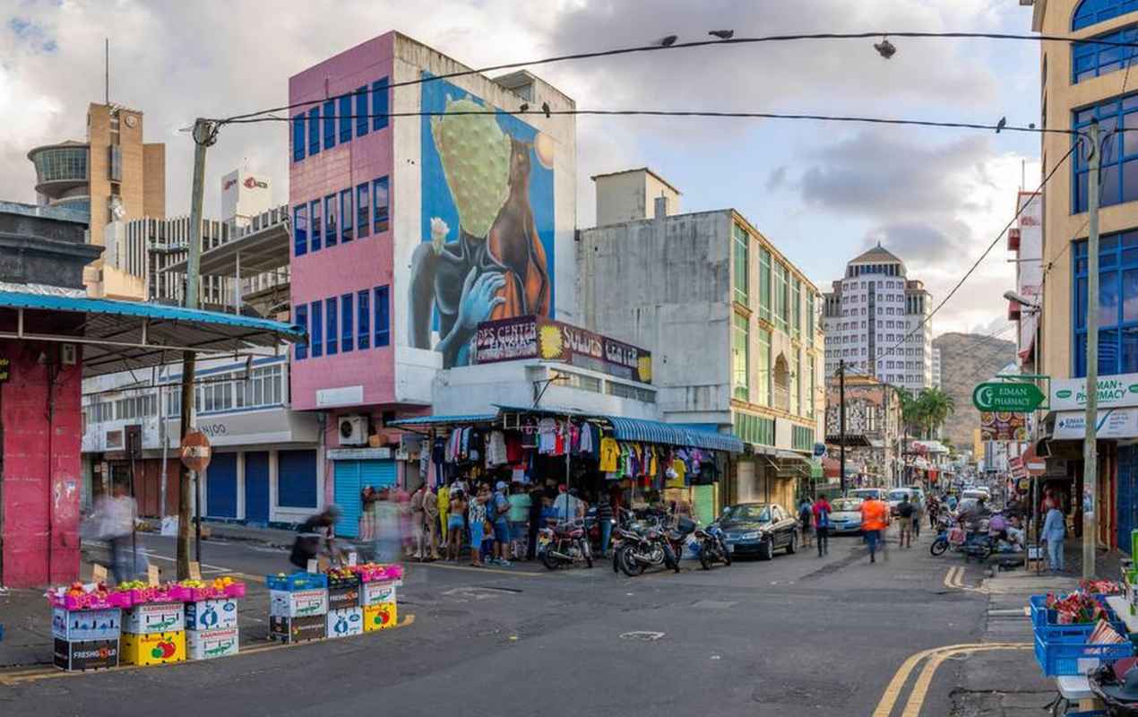 View of buildings and market stalls near Central Market, Port Louis