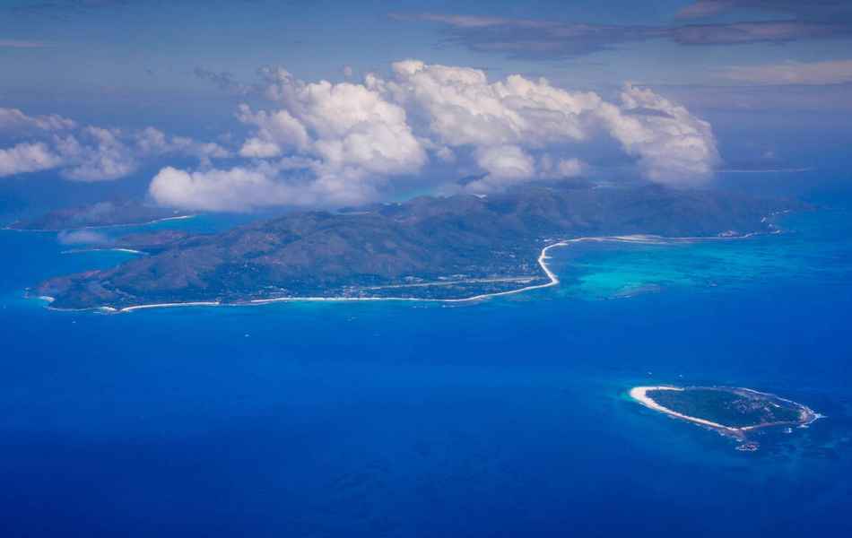 Aerial view, Praslin Island, right Cousin Island, Seychelles
