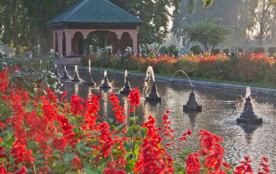 Flowers and little fountains in Shalimar Bagh