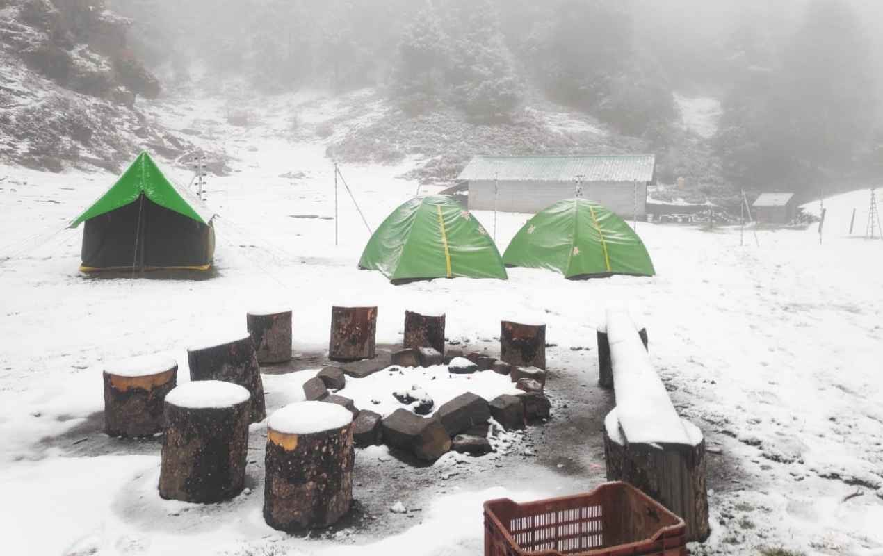 Campsite on Parashar lake trek covered with snow.